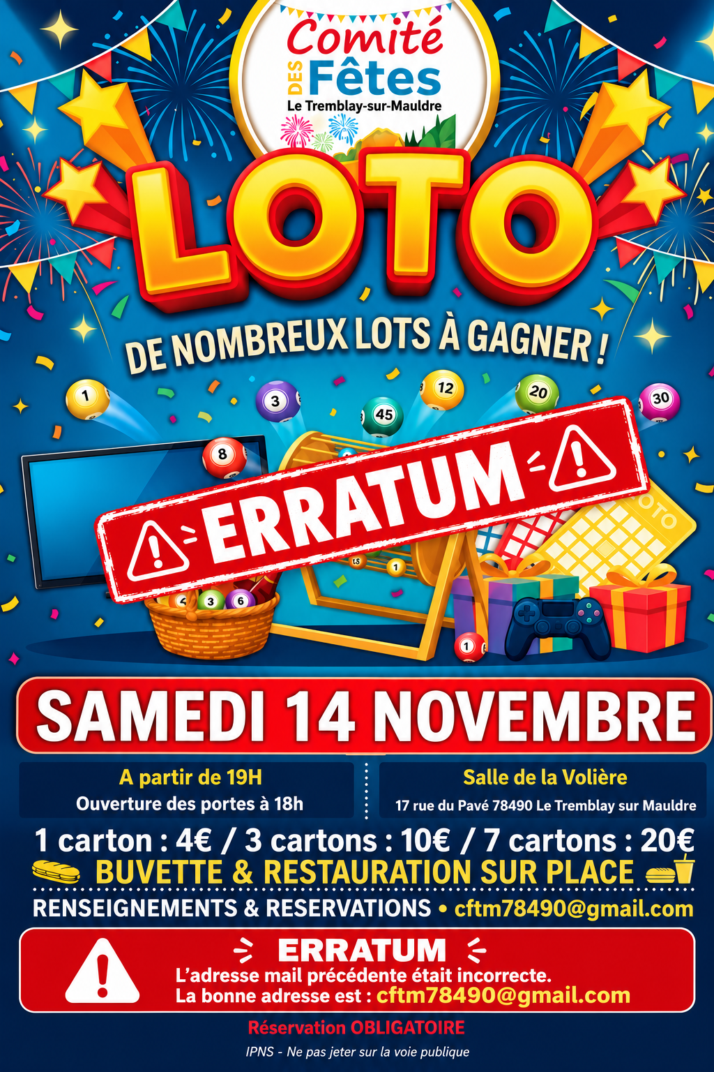 Affiche du Loto 2026 avec la bonne adresse de réservation : cftm78490@gmail.com